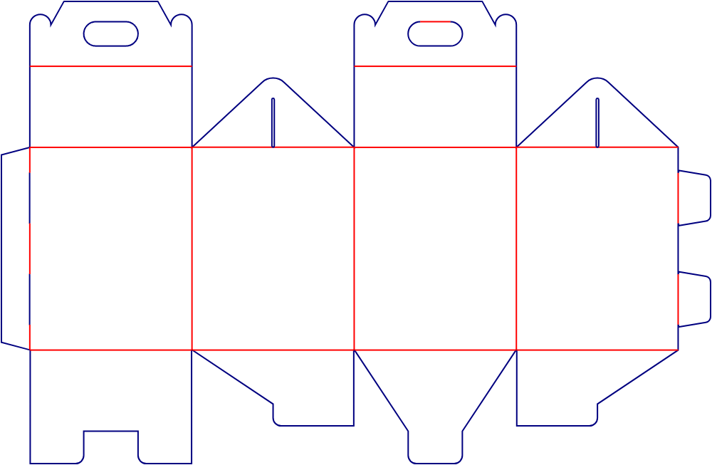 Flat dieline template for gable boxes with locking tabs and handles, style E60820.