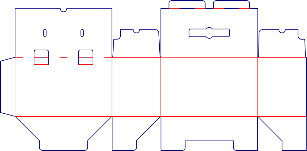 Flat dieline template for handle boxes with locking tabs, style E60821.