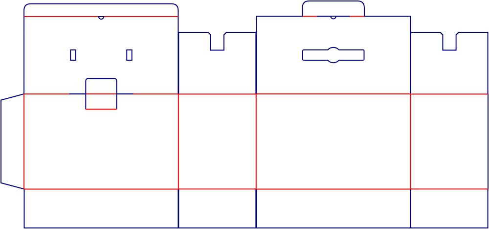 Flat dieline template for handle boxes with locking tabs, style E60823.