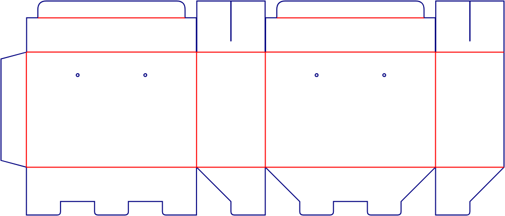 Flat dieline template for gable boxes with handle holes, style E60831.
