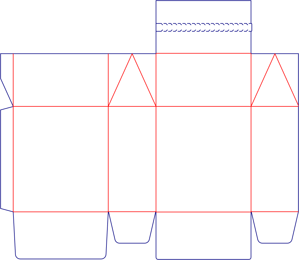 Flat dieline template for gable boxes with tear strips, style E60837.