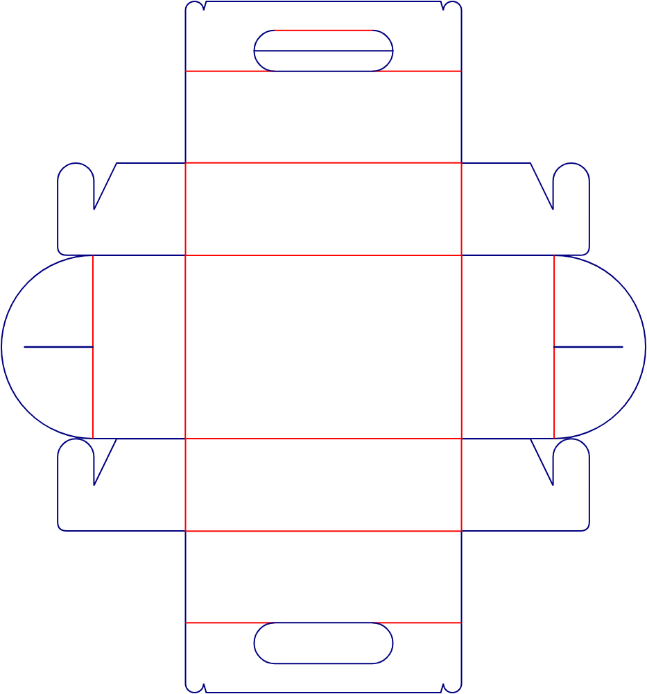 Flat dieline template for handle boxes with interlocking closures, style E60849.