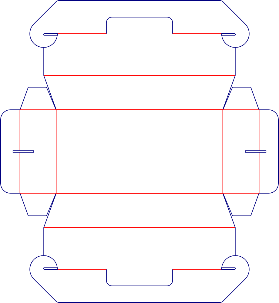 Flat dieline template for trapezoidal handle boxes, style E60851.