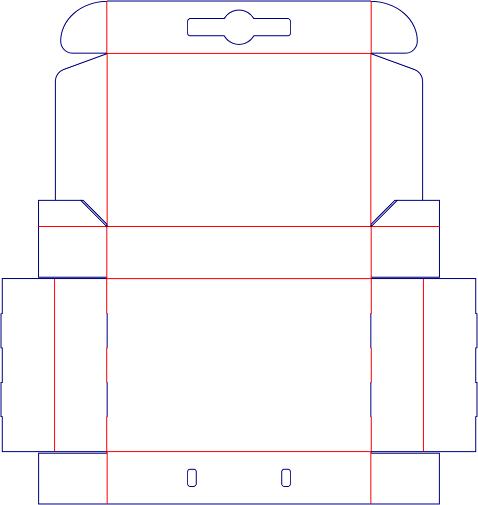 Flat dieline template for handle boxes with hand holes, style E60857.