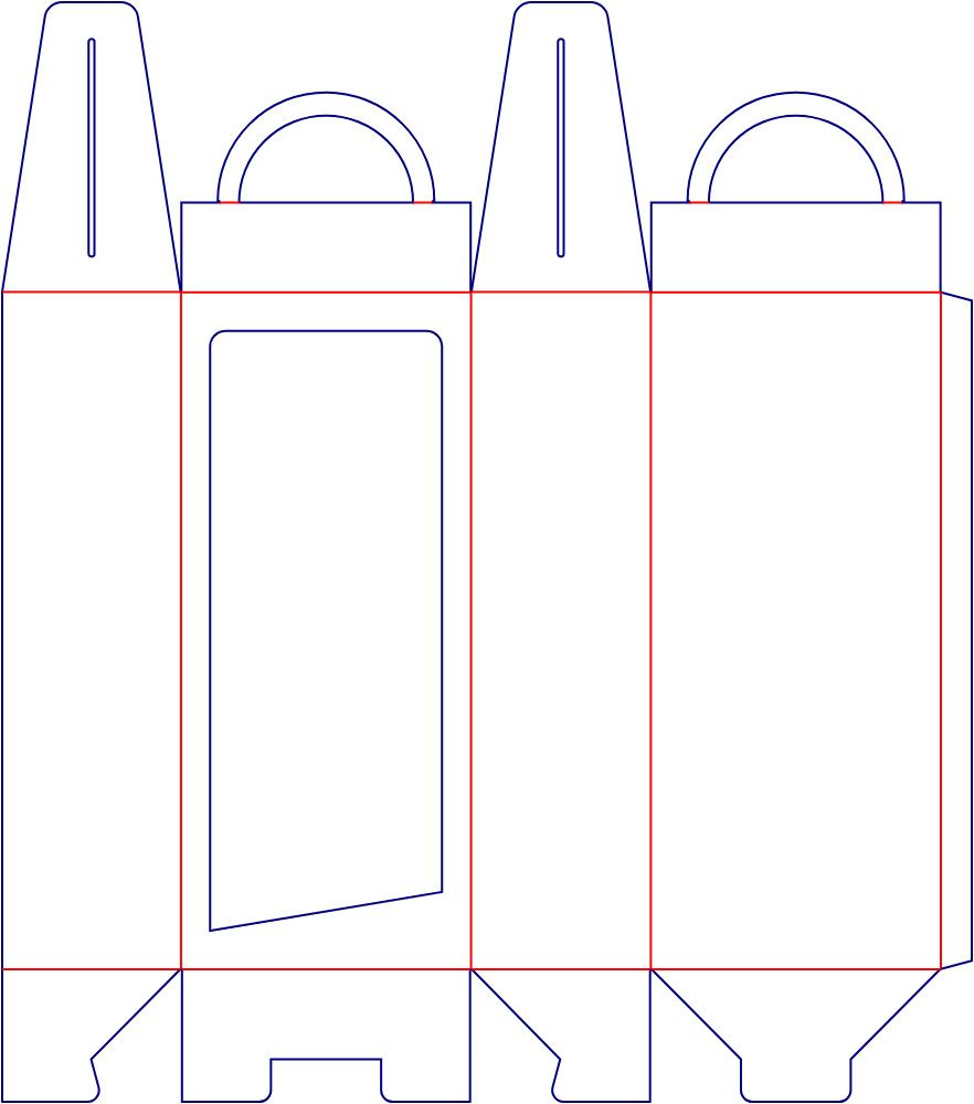 Flat dieline template for toy window boxes with handles, style E60946.