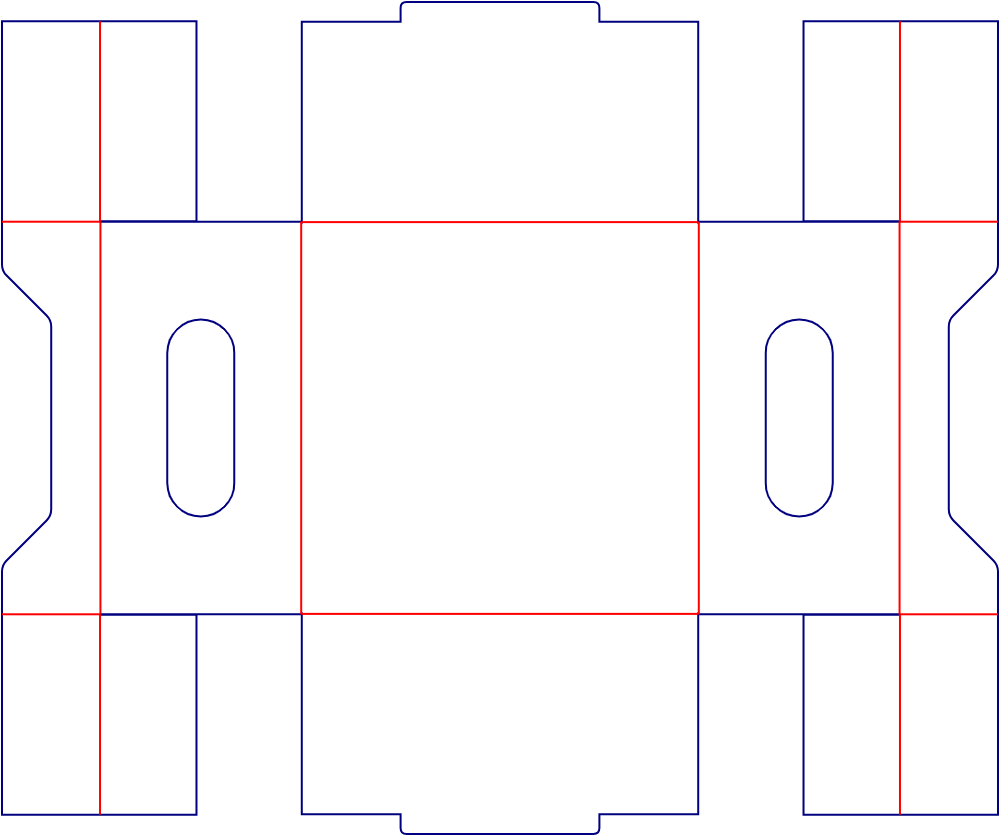 Flat dieline template for display trays with hand holes, style E60999.
