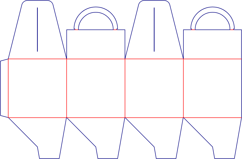 Flat dieline template for carry boxes with arched handles, style E61063.