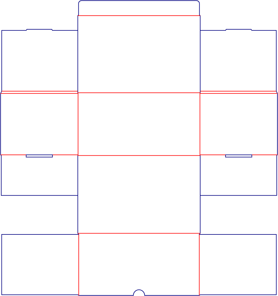 Flat dieline template for hinged-lid boxes, style E61076.