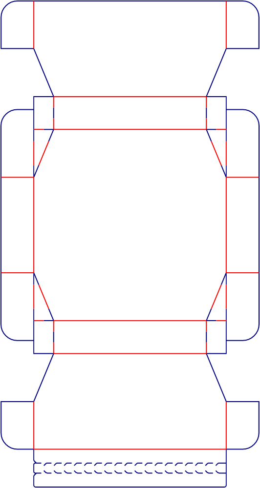 Flat dieline template for hexagonal hinged-lid boxes with tear strips, style E61082.