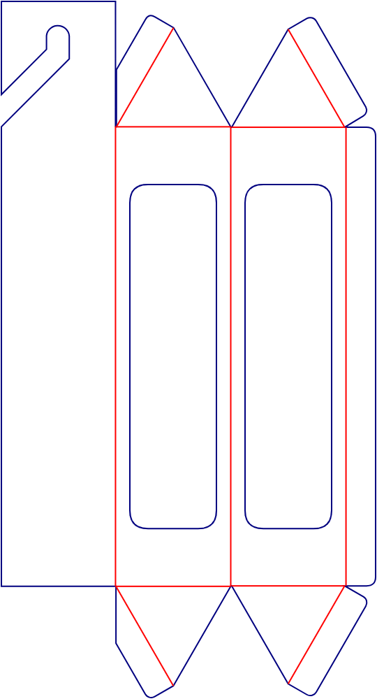Flat dieline template for triangular hanging window cartons, style E61113.