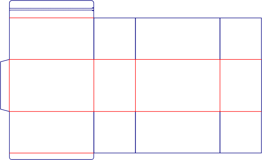 Flat dieline template for shipping cartons with tear strips, style E61216.