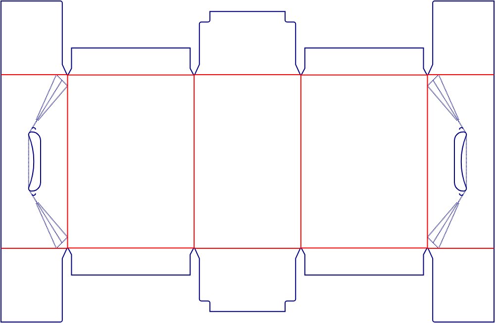 Flat dieline template for shipping cartons with handles, style E61223.