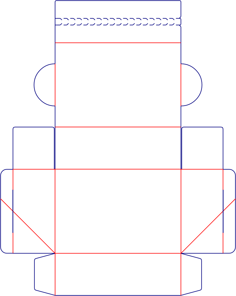 Flat dieline template for hinged-lid boxes with tear strips, style E61610.
